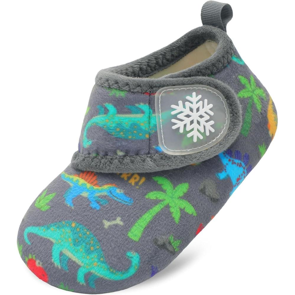 Scurtain Toddler Slippers Winter Boots Kids Slippers Girls Boys Toddler Snow Boots Baby Warm Socks Lightweight House Shoes Non-Slip Ankle Booties Walking Shoes(Grey Dinosaur)