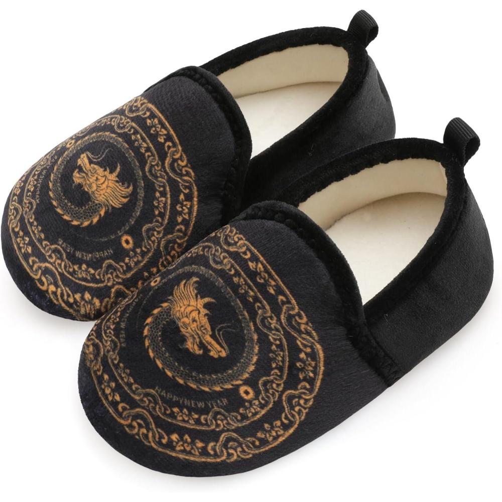 Scurtain Unisex Big Kids Little Kids Slippers Socks Artificial Woolen Slippers with Non-slip Rubber Sole for Big Boys Girls Little Boys Girls(Black/Dragon)