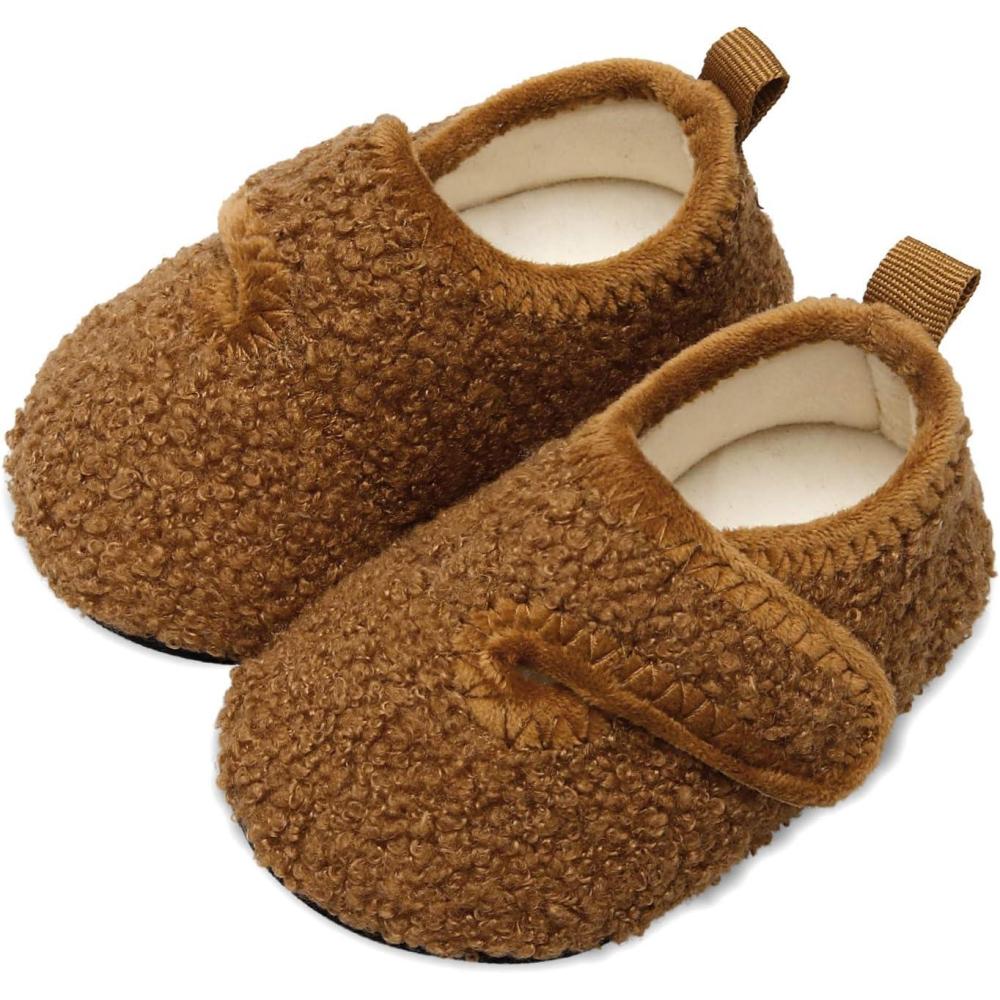 Scurtain Unisex Kids Toddler Slippers(Brown/Buckle)