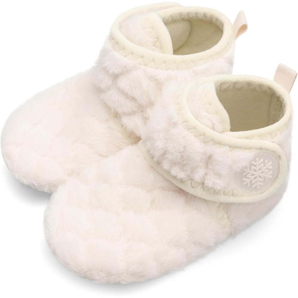 Scurtain Unisex Kids Toddler Slippers Socks Artificial Woolen Slippers with Non-slip Rubber Sole(White/Lozenge)