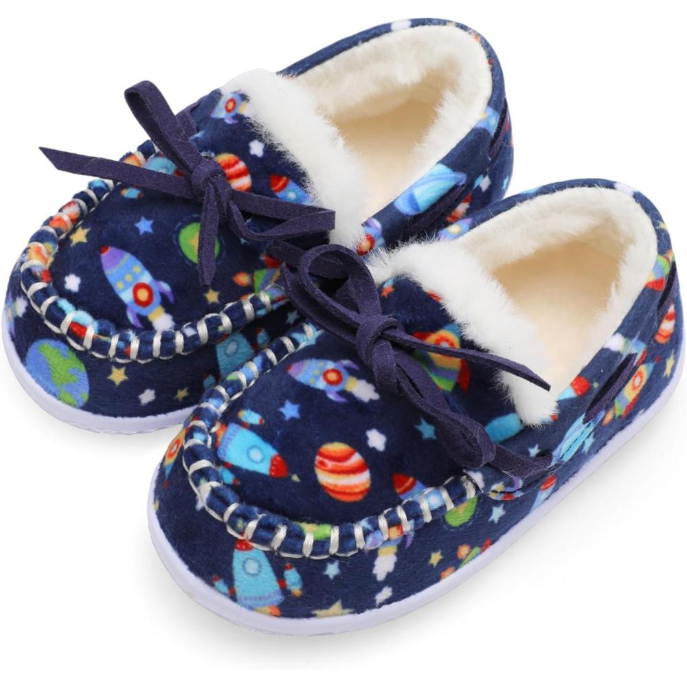 Scurtain Unisex Kids Toddler Slippers Suede Moccasin Slippers for Boys Girls Baby Lined with Warm Fur(Blue/Rocket)