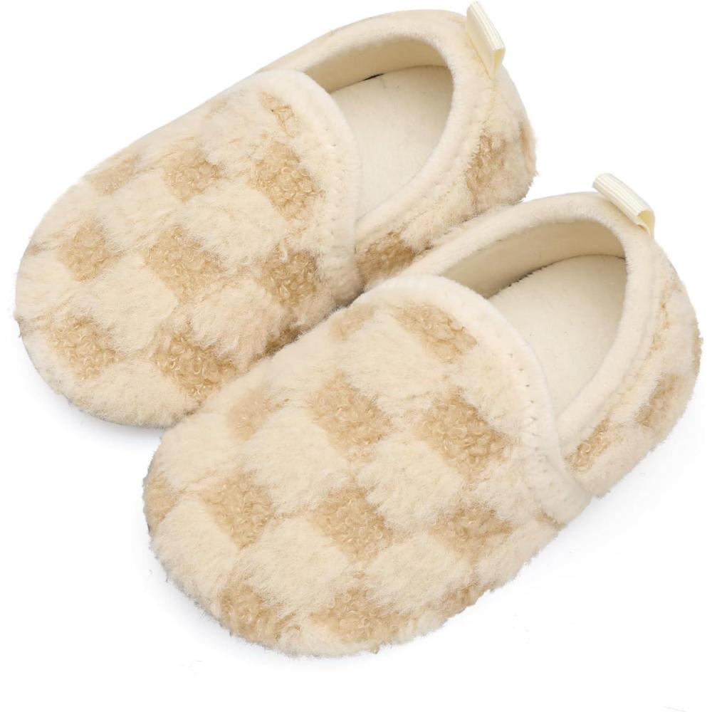Scurtain Unisex Kids Toddler Slippers(Beige/Lattice)