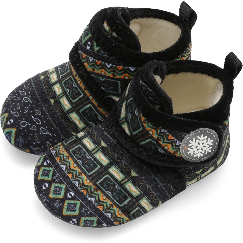 Scurtain Unisex Kids Toddler Slippers Socks Artificial Woolen Slippers with Non-slip Rubber Sole(Black/Boho)