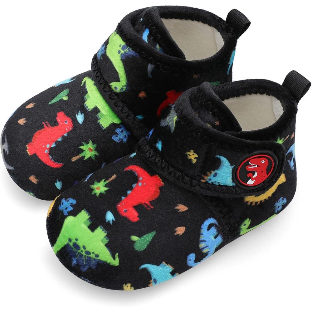 Scurtain Unisex Kids Toddler Slippers Socks Artificial Woolen Slippers with Non-slip Rubber Sole(Black/Dinosaur)