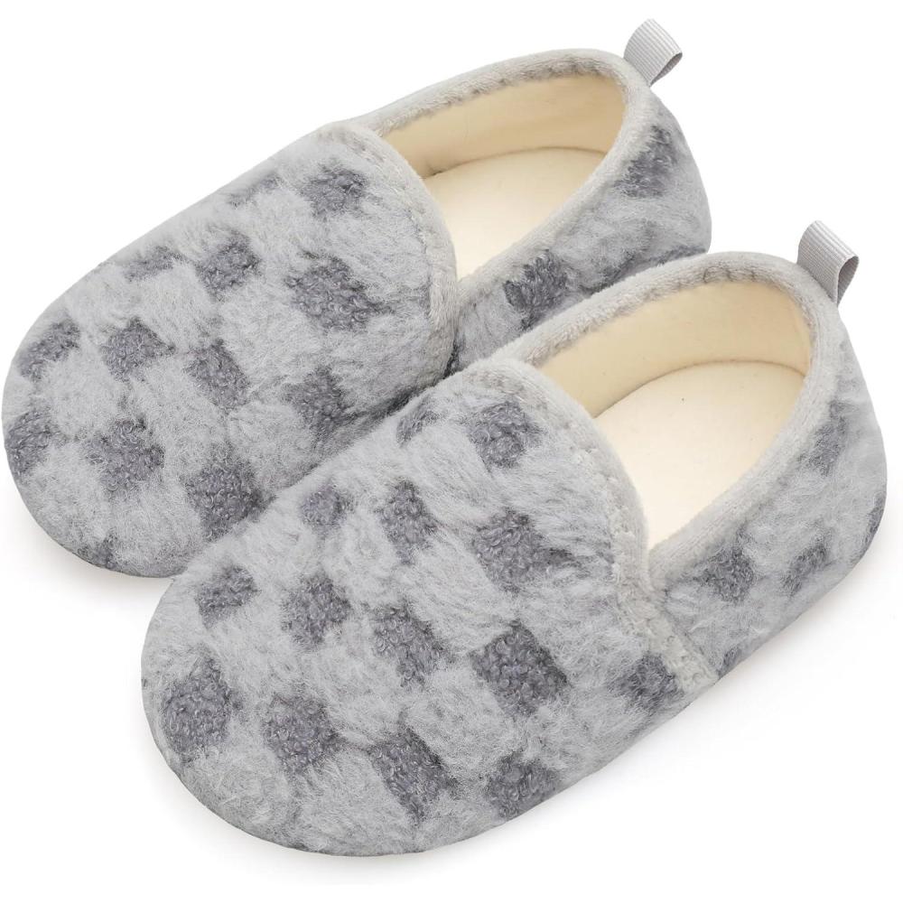 Scurtain Unisex Big Kids Little Kids Slippers Socks Artificial Woolen Slippers with Non-slip Rubber Sole for Big Boys Girls Little Boys Girls(Grey/Lattice)