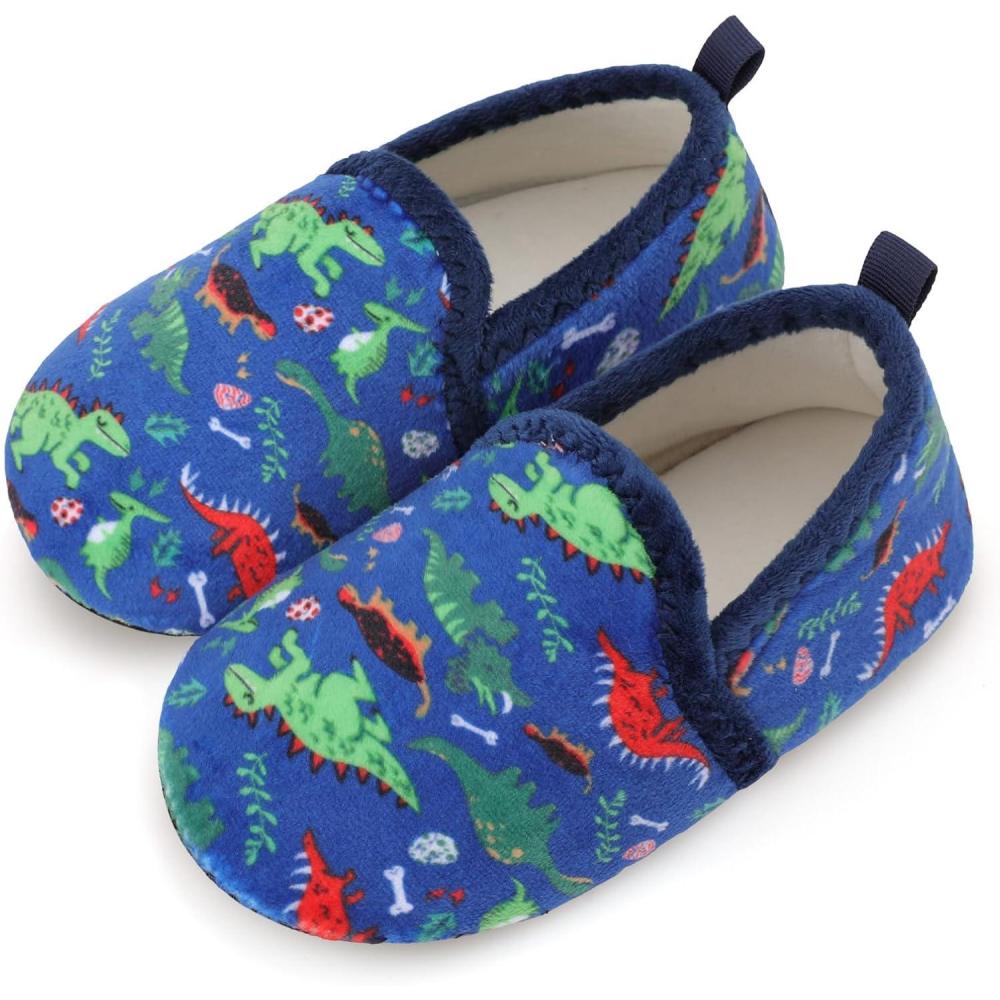 Scurtain Unisex Big Kids Little Kids Slippers Socks Artificial Woolen Slippers with Non-slip Rubber Sole for Big Boys Girls Little Boys Girls(Blue/Dinosaur)