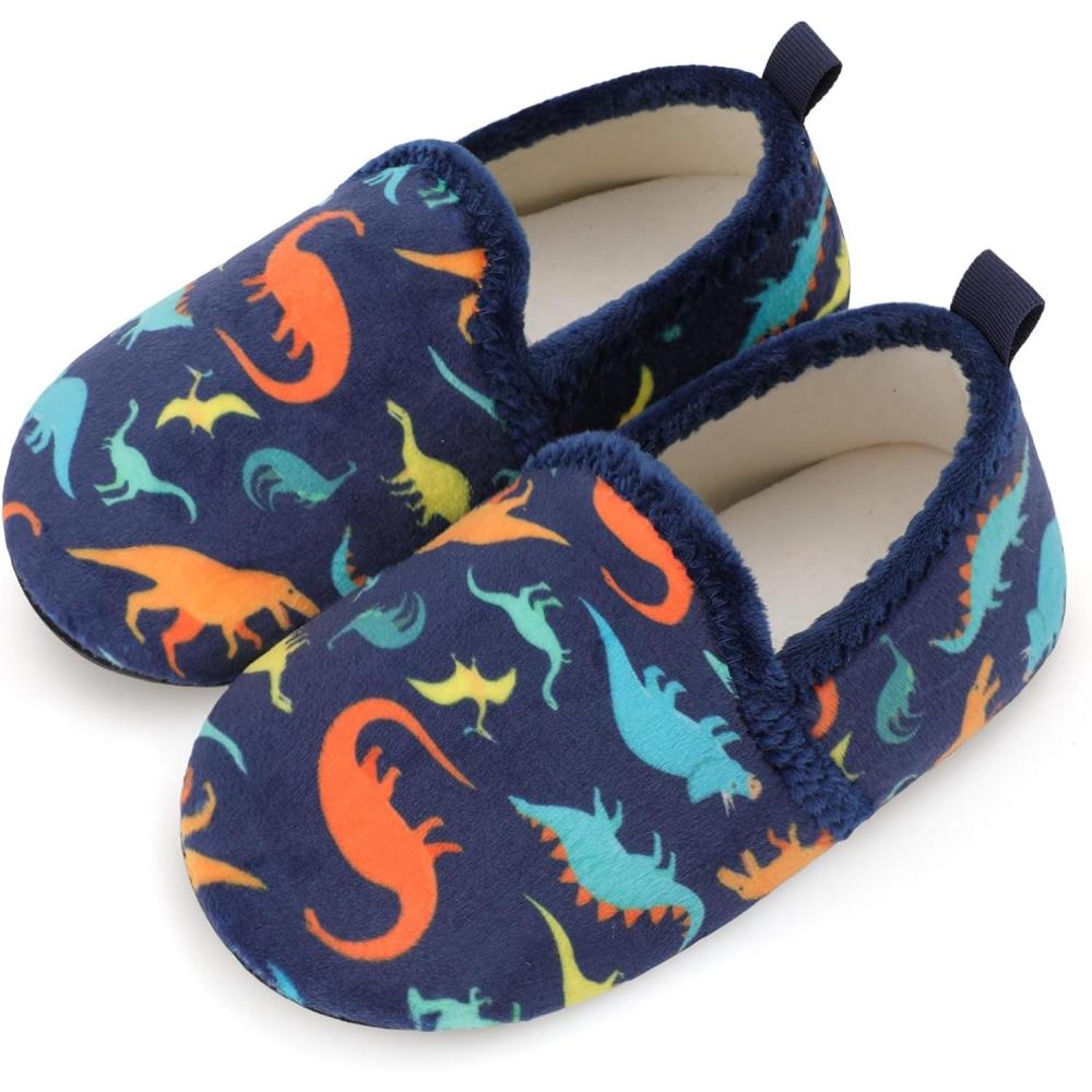 Scurtain Unisex Big Kids Little Kids Slippers Socks Artificial Woolen Slippers with Non-slip Rubber Sole for Big Boys Girls Little Boys Girls(Navy/Dinosaur)