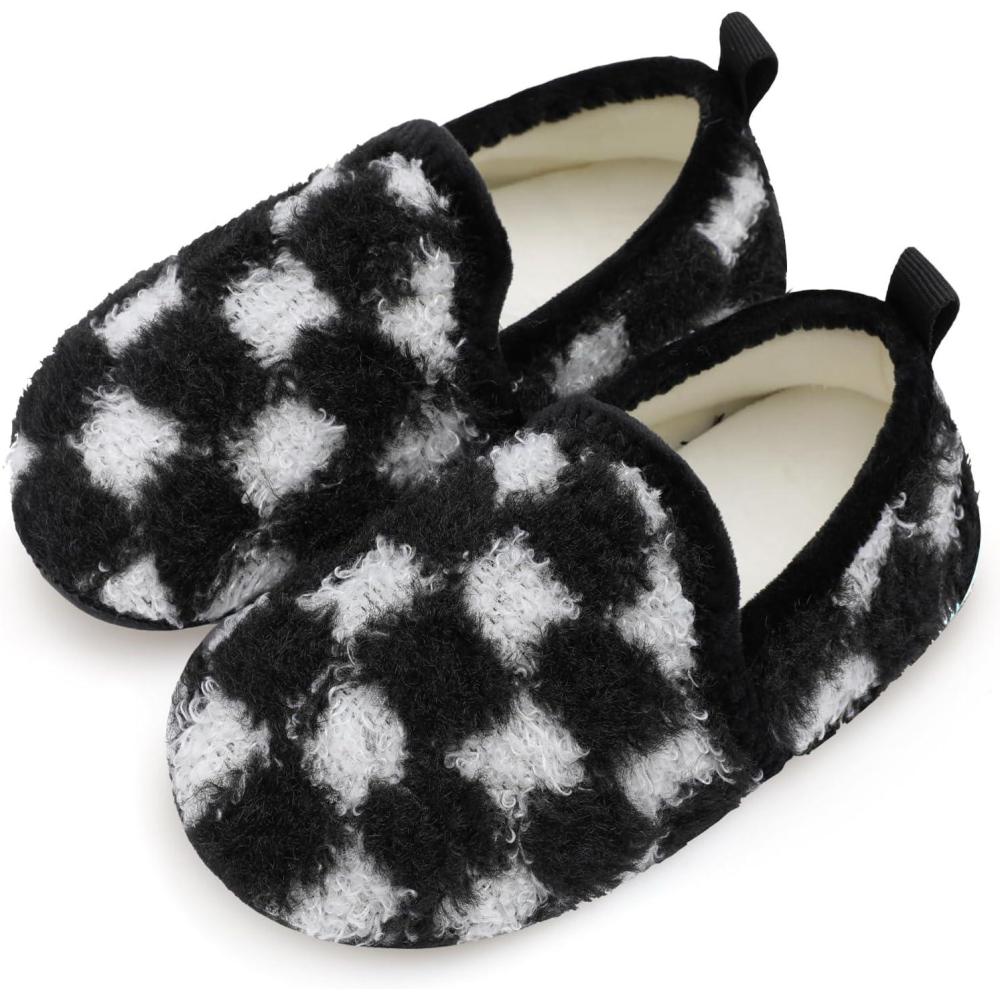 Scurtain Unisex Big Kids Little Kids Slippers Socks Artificial Woolen Slippers with Non-slip Rubber Sole for Big Boys Girls Little Boys Girls(Black/Lattice)