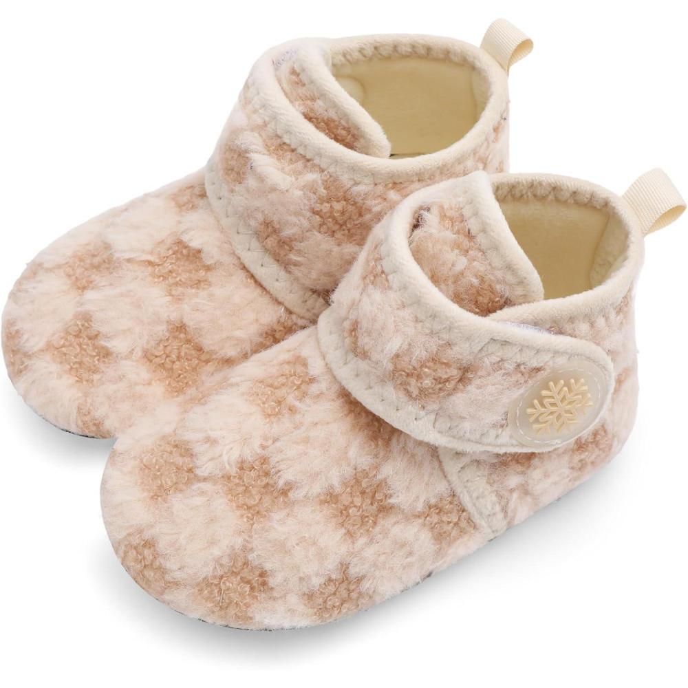 Scurtain Unisex Kids Toddler Slippers Socks Artificial Woolen Slippers with Non-slip Rubber Sole(Beige/Lattice)