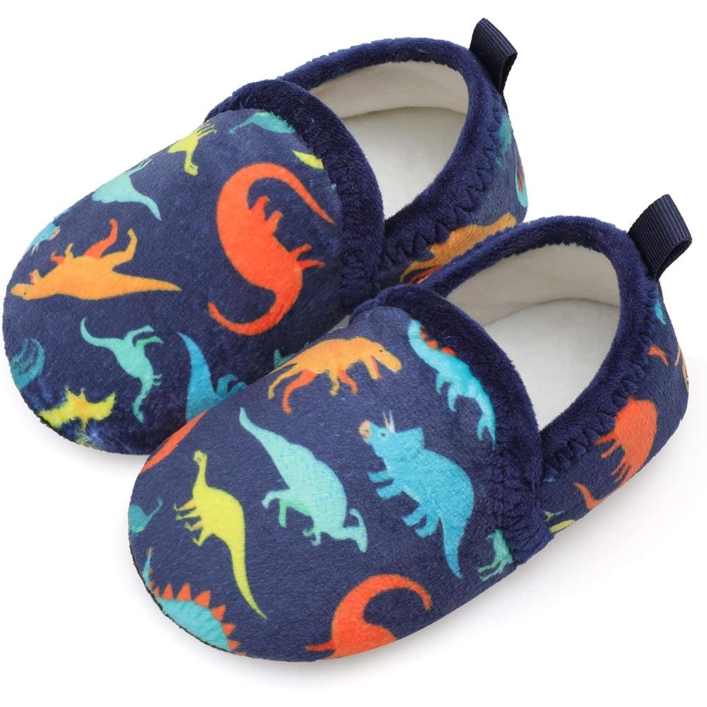 Scurtain Unisex Kids Toddler Slippers(Navy/Dinosaur)