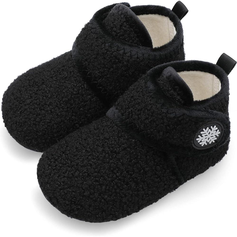Scurtain Unisex Kids Toddler Slippers Socks Artificial Woolen Slippers with Non-slip Rubber Sole(Black)