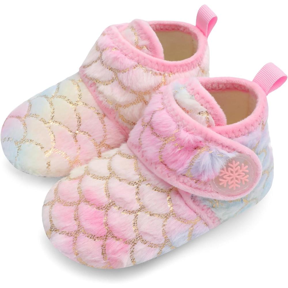 Scurtain Unisex Kids Toddler Slippers Socks Artificial Woolen Slippers with Non-slip Rubber Sole(Gradient Pink)