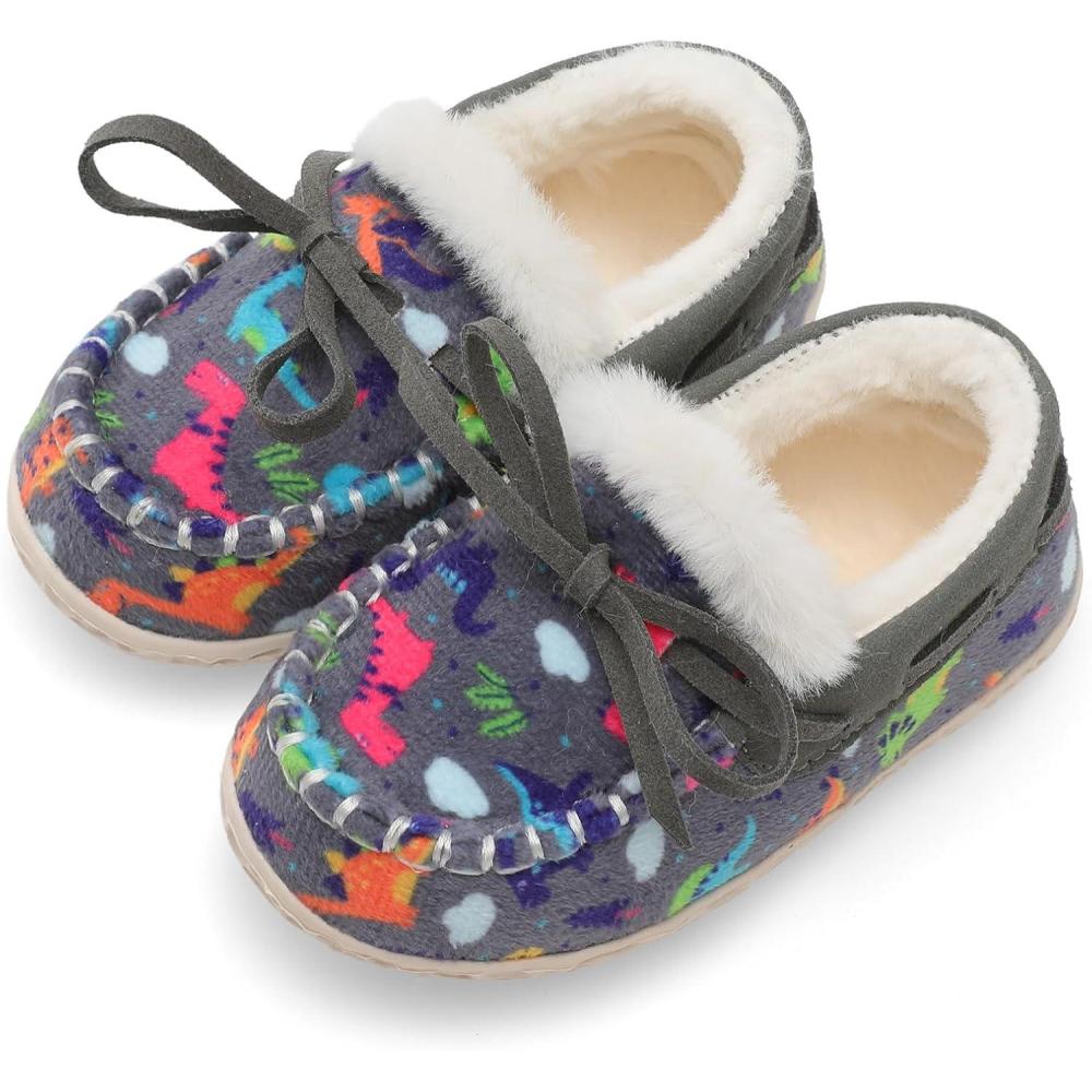 Scurtain Unisex Kids Toddler Slippers Suede Moccasin Slippers for Boys Girls Baby Lined with Warm Fur(Grey/Dinosaur)