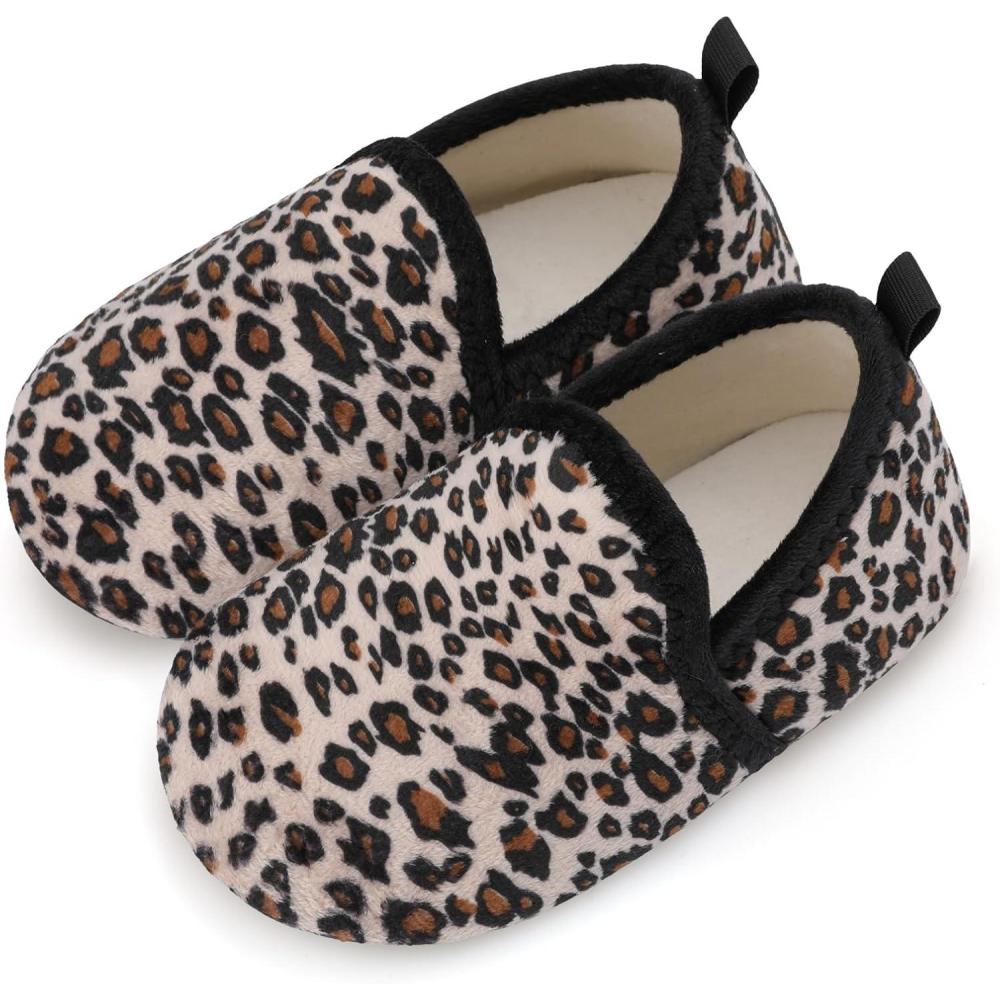 Scurtain Unisex Big Kids Little Kids Slippers Socks Artificial Woolen Slippers with Non-slip Rubber Sole for Big Boys Girls Little Boys Girls(Leopard)