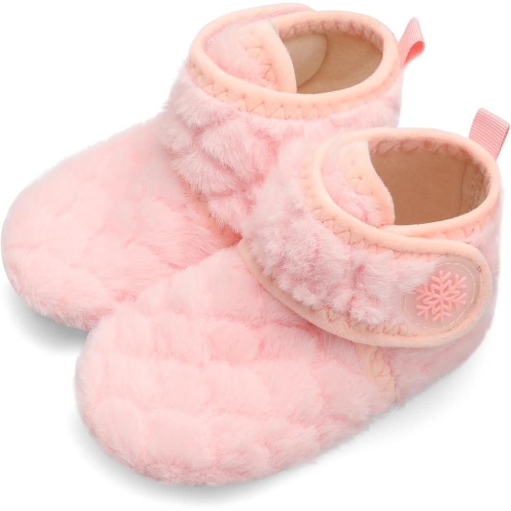 Scurtain Unisex Kids Toddler Slippers Socks Artificial Woolen Slippers with Non-slip Rubber Sole(Pink/Lozenge)