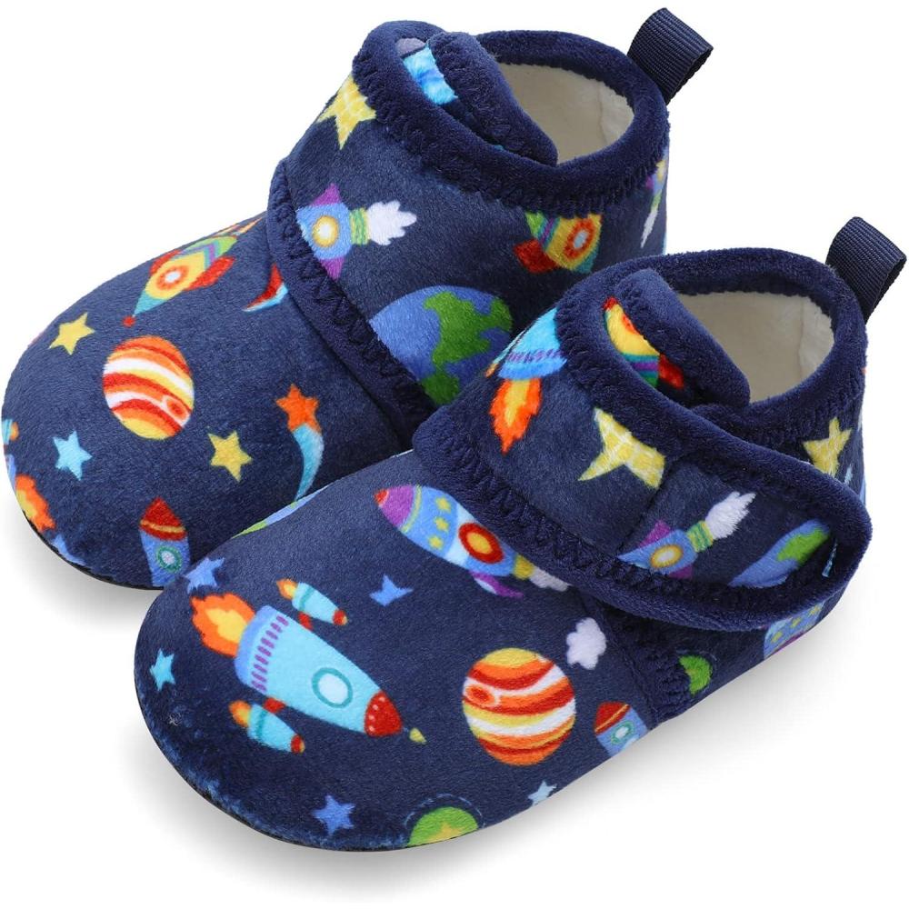 Scurtain Unisex Kids Toddler Slippers Socks Artificial Woolen Slippers with Non-slip Rubber Sole(Blue/Rocket)