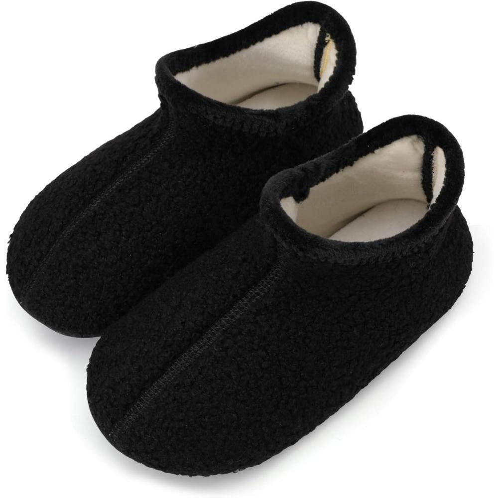 Scurtain Unisex Big Kids Little Kids Slippers Socks Artificial Woolen Slippers with Non-slip Rubber Sole for Big Boys Girls Little Boys Girls(Black/High Top)