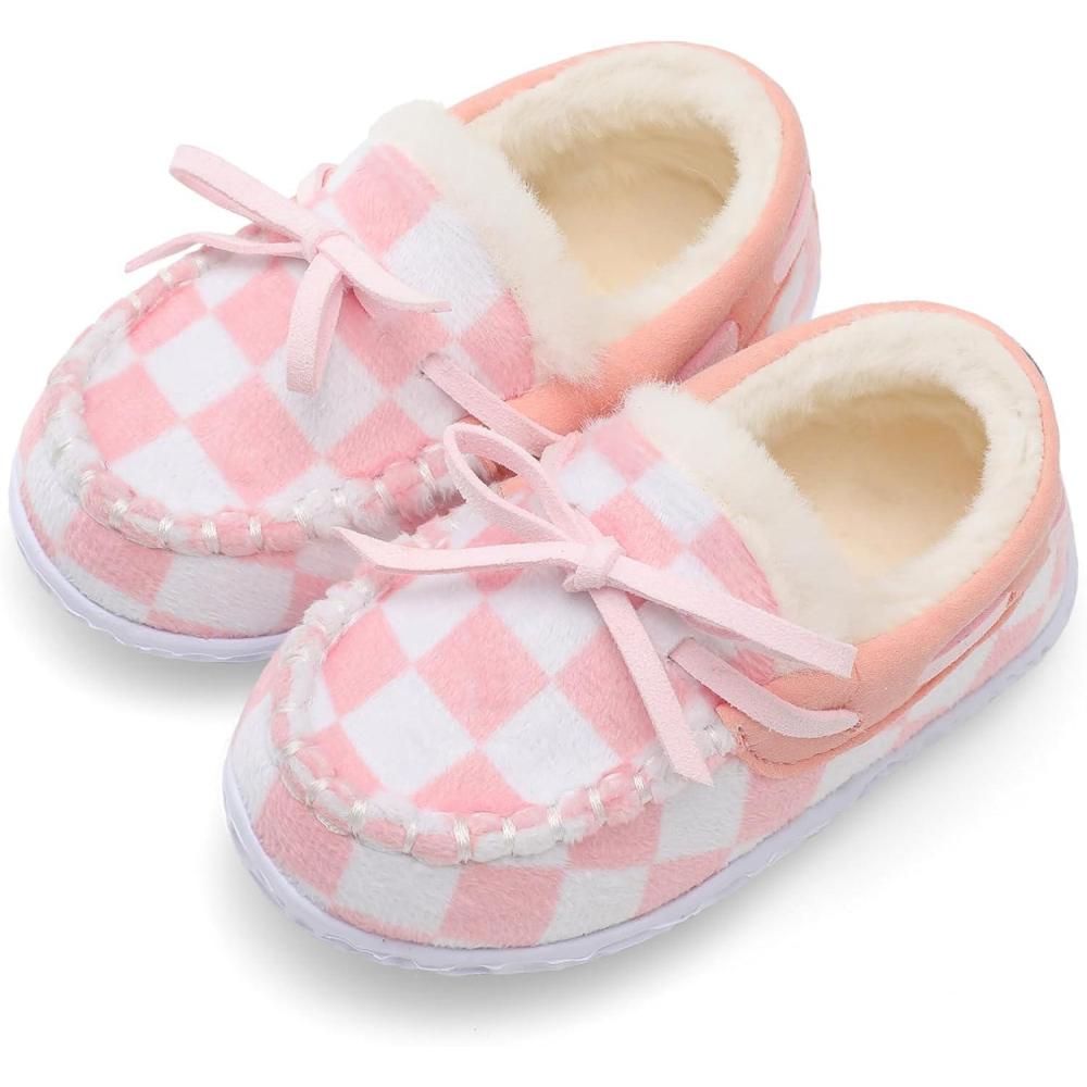 Scurtain Unisex Kids Toddler Slippers Suede Moccasin Slippers for Boys Girls Baby Lined with Warm Fur(Pink/Lattice)