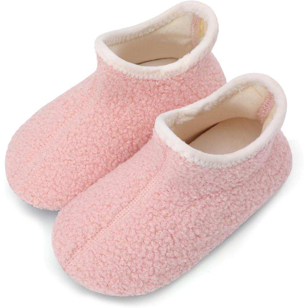 Scurtain Unisex Big Kids Little Kids Slippers Socks Artificial Woolen Slippers with Non-slip Rubber Sole for Big Boys Girls Little Boys Girls(Pink/High Top)