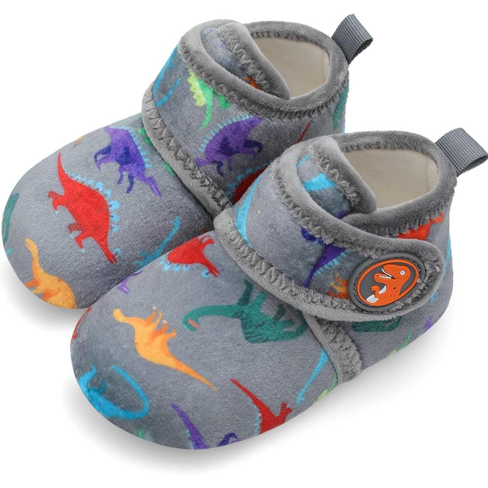 Scurtain Unisex Kids Toddler Slippers Socks Artificial Woolen Slippers with Non-slip Rubber Sole(Grey/Dinosaur)