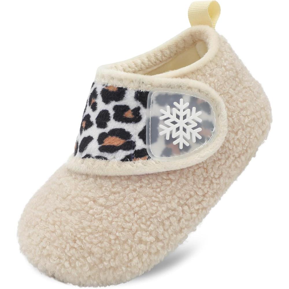 Scurtain Toddler Slippers Winter Boots Kids Slippers Girls Boys Toddler Snow Boots Baby Warm Socks Lightweight House Shoes Non-Slip Ankle Booties Walking Shoes(Beige Leopard)