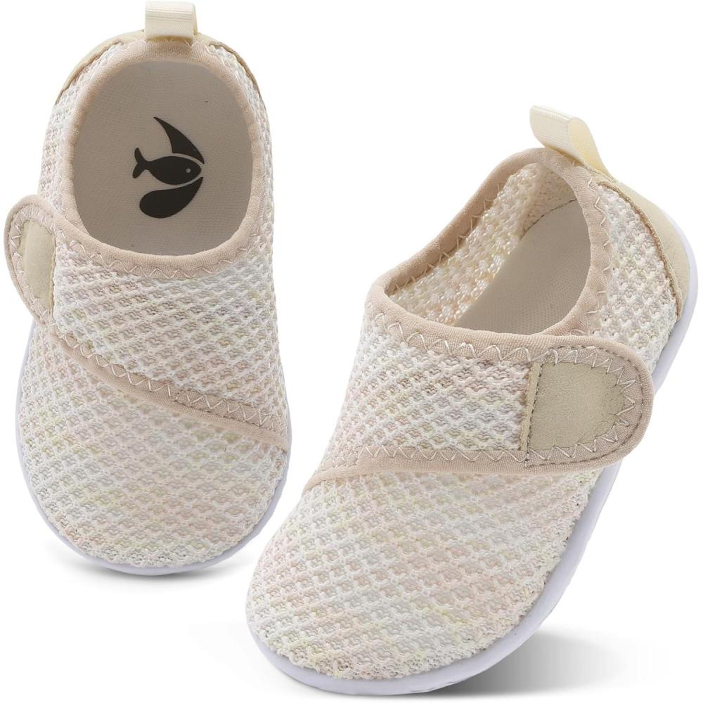 shopUAL Toddler Water Shoes Girls Boys Barefoot Aqua Socks Kids Cute Quick Dry Non-Slip Swim Shoes for Beach Pool Surf(Beige Mesh)