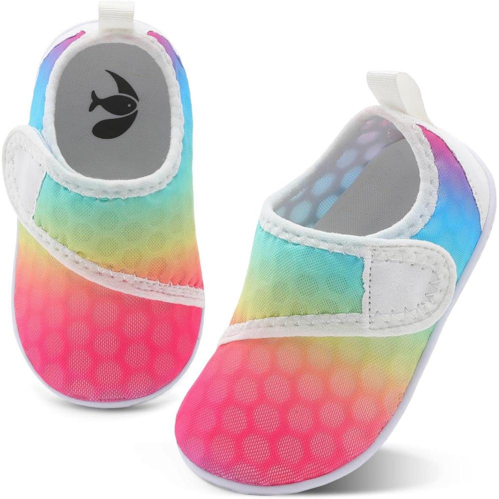shopUAL Toddler Water Shoes Girls Boys Barefoot Aqua Socks Kids Cute Quick Dry Non-Slip Swim Shoes for Beach Pool Surf(Rainbow White)