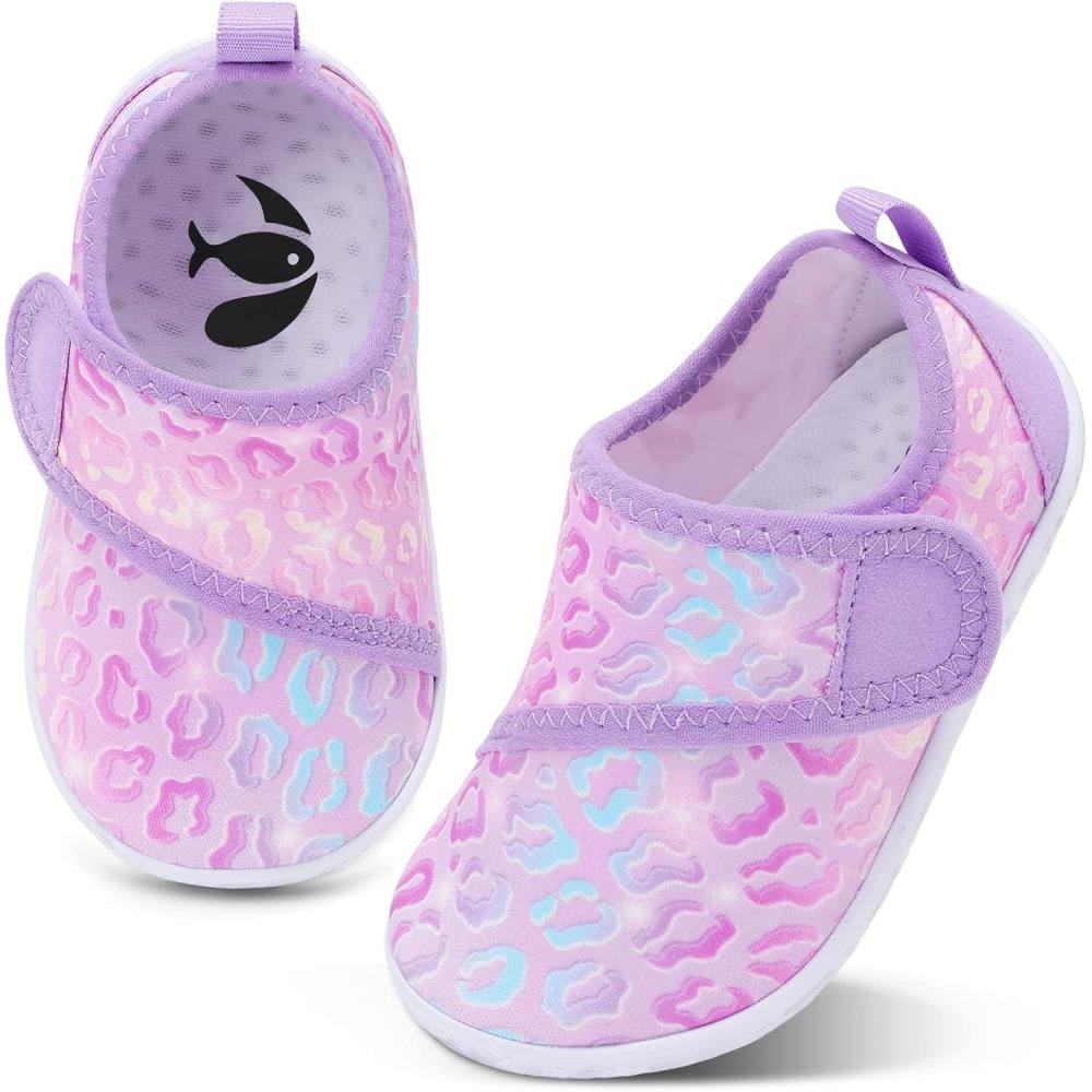 shopUAL Toddler Water Shoes Girls Boys Barefoot Aqua Socks Kids Cute Quick Dry Non-Slip Swim Shoes for Beach Pool Surf(Purple Leopard)