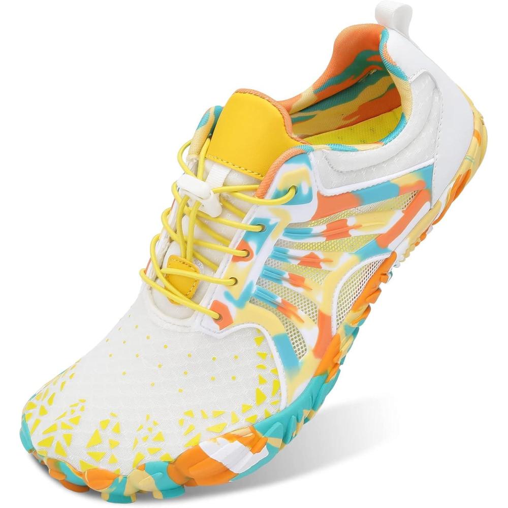 Scurtain Unisex Mens Womens Athletic Hiking Water Shoes Quick Dry Barefoot Aqua Shoes Swim Shoes Beach Shoes with Drainage(Beige/Yellow)