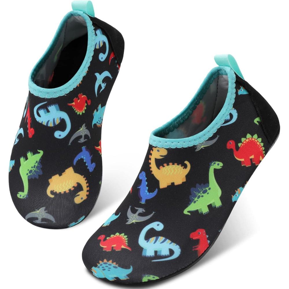 Scurtain Kids Toddler Water Shoes Barefoot Quick-Dry Aqua Socks for Boys Girls Baby with Non-Slip Rubber Sole(Black/Dinosaur)