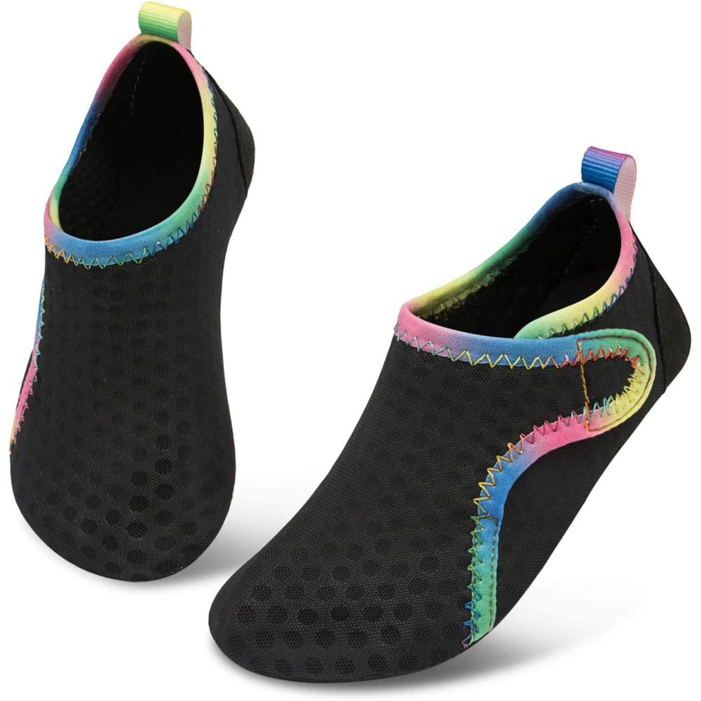 Scurtain Kids Toddler Water Shoes Barefoot Quick-Dry Aqua Socks for Boys Girls Baby with Non-Slip Rubber Sole(Black/Rainbow)