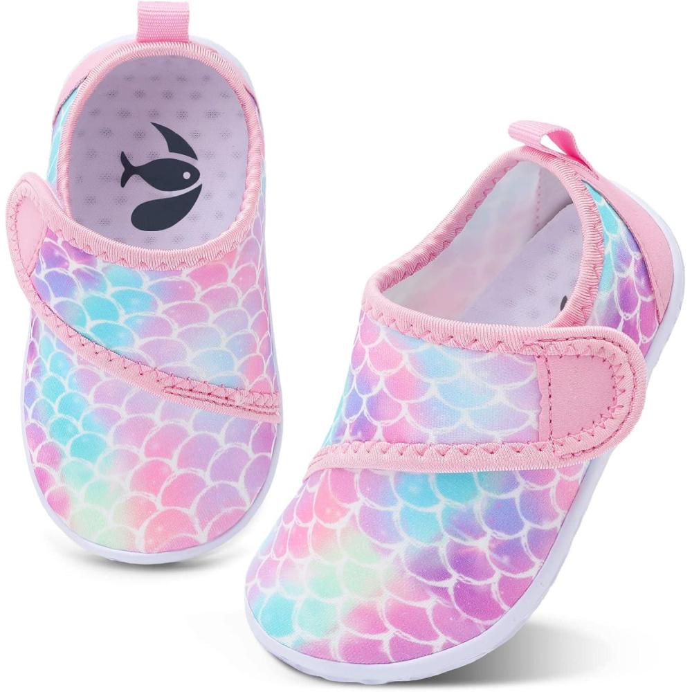 shopUAL Toddler Water Shoes Girls Boys Barefoot Aqua Socks Kids Cute Quick Dry Non-Slip Swim Shoes for Beach Pool Surf(Pink Scale)
