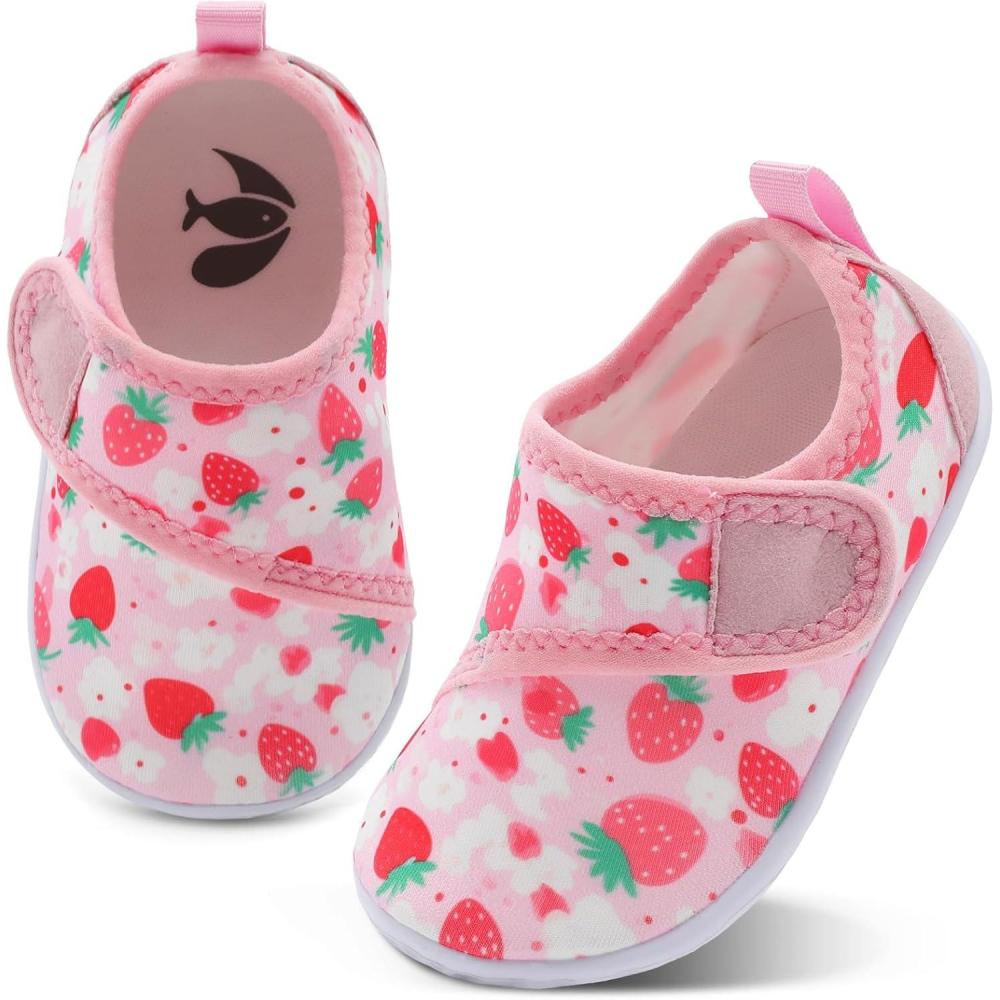 shopUAL Toddler Water Shoes Girls Boys Barefoot Aqua Socks Kids Cute Quick Dry Non-Slip Swim Shoes for Beach Pool Surf(Pink Strawberry)