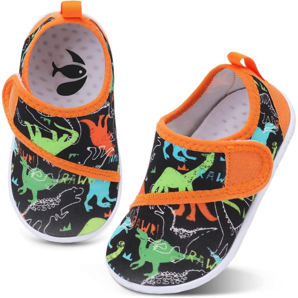 shopUAL Toddler Water Shoes Girls Boys Barefoot Aqua Socks Kids Cute Quick Dry Non-Slip Swim Shoes for Beach Pool Surf(Orange Dinosaur)