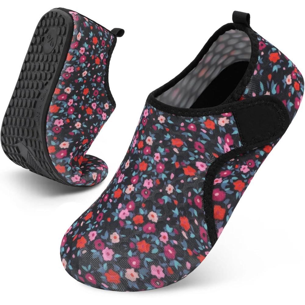 Scurtain Barefoot Water Shoes for Women Men Beach Swim Aqua Socks Summer Quick-Dry Sandals Slippers(Blackflower)