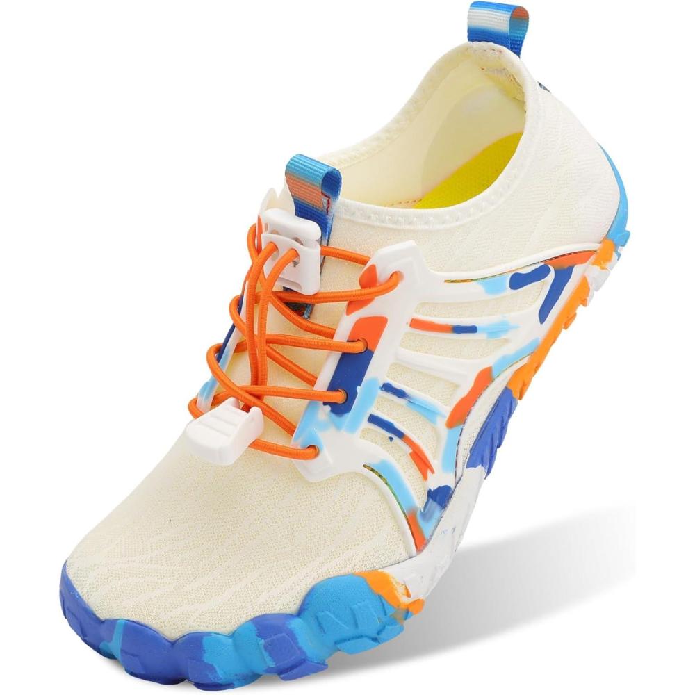 Scurtain Water Shoes for Kids Boys Girls Quick Dry Aqua Shoes Barefoot Beach Sports Swim Pool for Little Big Kid with Drainage(White/Fusion)