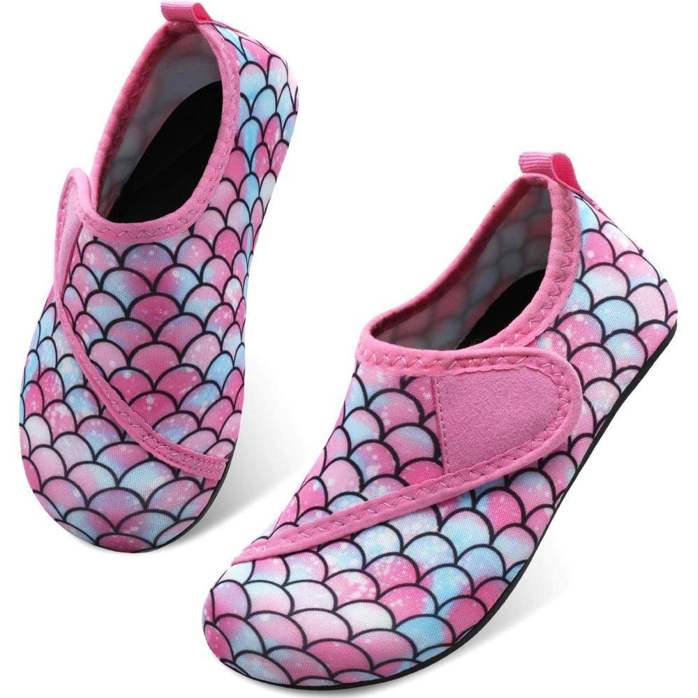 Scurtain Kids Toddler Water Shoes Barefoot Quick-Dry Aqua Socks for Boys Girls Baby with Non-Slip Rubber Sole(Pink/Scale)