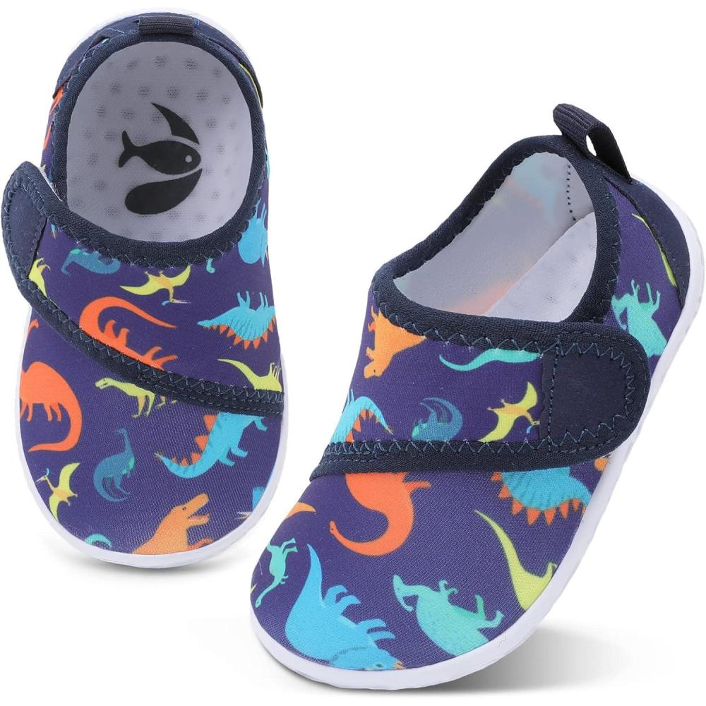 shopUAL Toddler Water Shoes Girls Boys Barefoot Aqua Socks Kids Cute Quick Dry Non-Slip Swim Shoes for Beach Pool Surf(Dark Blue Dinosaur)