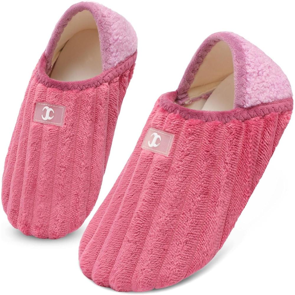 Scurtain House Slippers for Women Men Indoor Barefoot Slippers Socks Comfy Slip on House Shoes Cozy Furry Lightweight Non-Slip for Bedroom Travel Yoga(Rosered Stripe)
