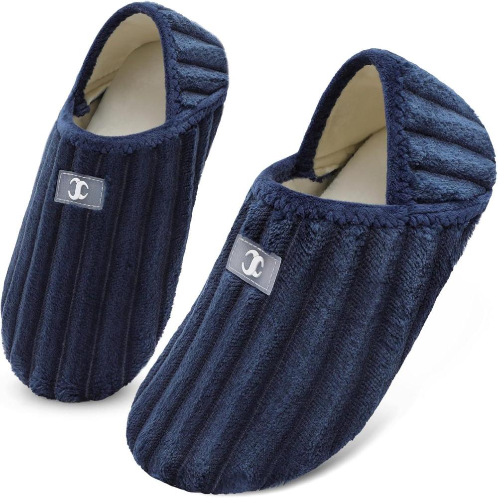Scurtain House Slippers for Women Men Indoor Barefoot Slippers Socks Comfy Slip on House Shoes Cozy Furry Lightweight Non-Slip for Bedroom Travel Yoga(Blue Stripe)