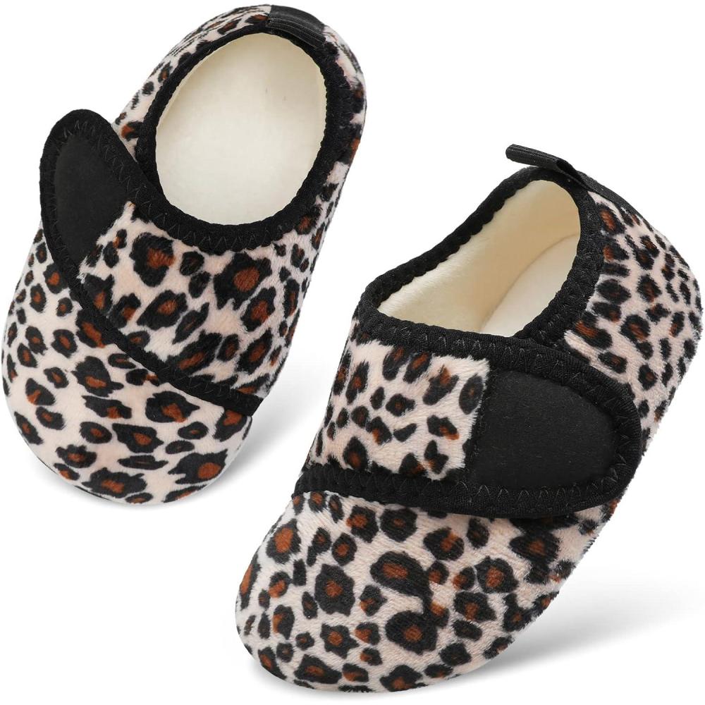Scurtain Toddler Warm Winter House Slippers Baby Boys Girls Indoor Home Slippers Cozy Lightweight Non-Slip Shoes For Infant Kids Plush Linned(Leopard)