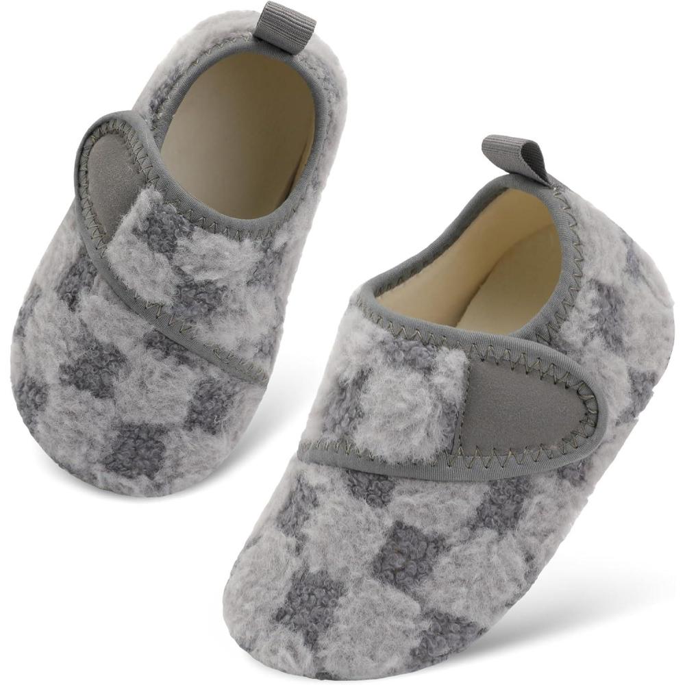 Scurtain Toddler Warm Winter House Slippers Baby Boys Girls Indoor Home Slippers Cozy Lightweight Non-Slip Shoes For Infant Kids Plush Linned(Grey Lattice)
