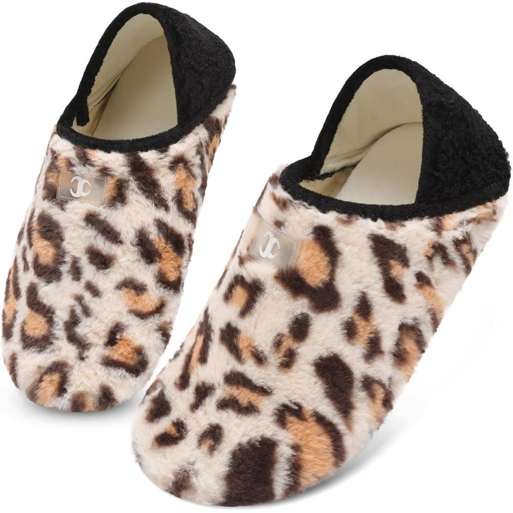 Scurtain House Slippers for Women Men Indoor Barefoot Slippers Socks Comfy Slip on House Shoes Cozy Furry Lightweight Non-Slip for Bedroom Travel Yoga(Plush Leopard)