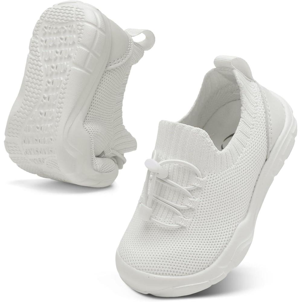 Scurtain Toddler Shoes Boys Girls Tennis Shoes Kids Barefoot Shoes Slip on Sneakers Breathable Walking Running Shoes(White)