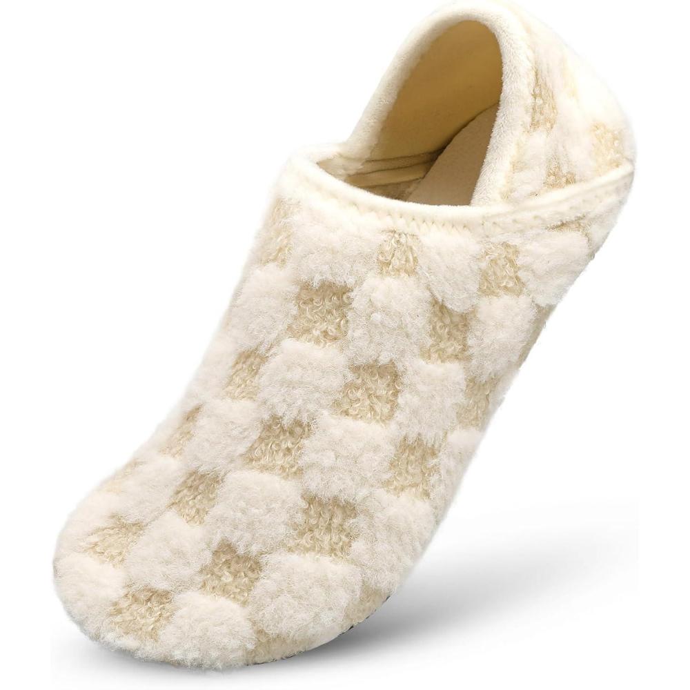 Scurtain House Slippers for Women Men Indoor Barefoot Slippers Socks Comfy Slip on House Shoes Cozy Furry Lightweight Non-Slip for Bedroom Travel Yoga(Beige Lattice)