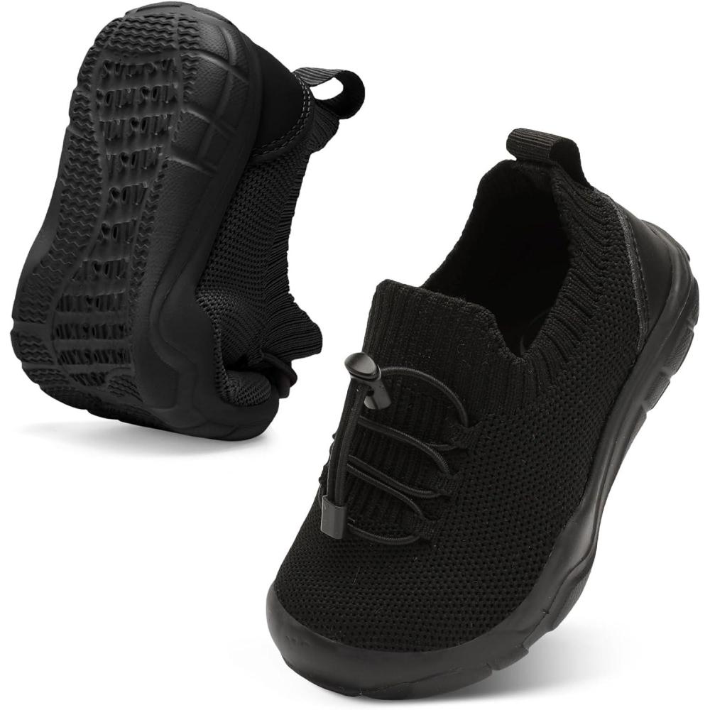 Scurtain Toddler Shoes Boys Girls Tennis Shoes Kids Barefoot Shoes Slip on Sneakers Breathable Walking Running Shoes(Black)