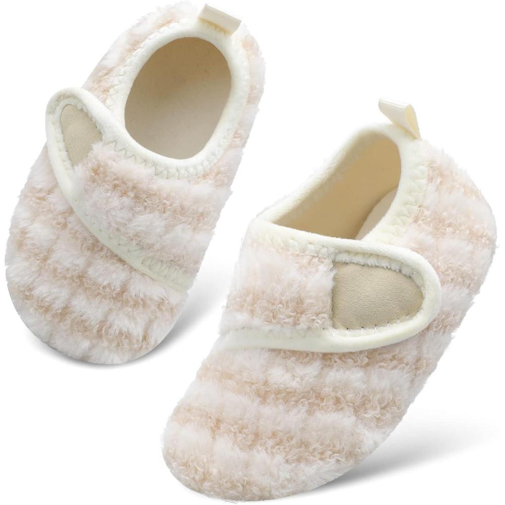 Scurtain Toddler Warm Winter House Slippers Baby Boys Girls Indoor Home Slippers Cozy Lightweight Non-Slip Shoes For Infant Kids Plush Linned(Strip Beige)