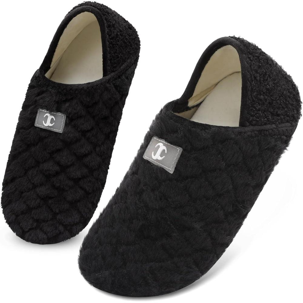Scurtain House Slippers for Women Men Indoor Barefoot Slippers Socks Comfy Slip on House Shoes Cozy Furry Lightweight Non-Slip for Bedroom Travel Yoga(Plush Black)