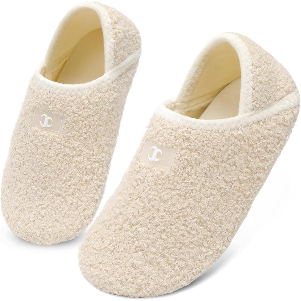 Scurtain House Slippers for Women Men Indoor Barefoot Slippers Socks Comfy Slip on House Shoes Cozy Furry Lightweight Non-Slip for Bedroom Travel Yoga(Beige)