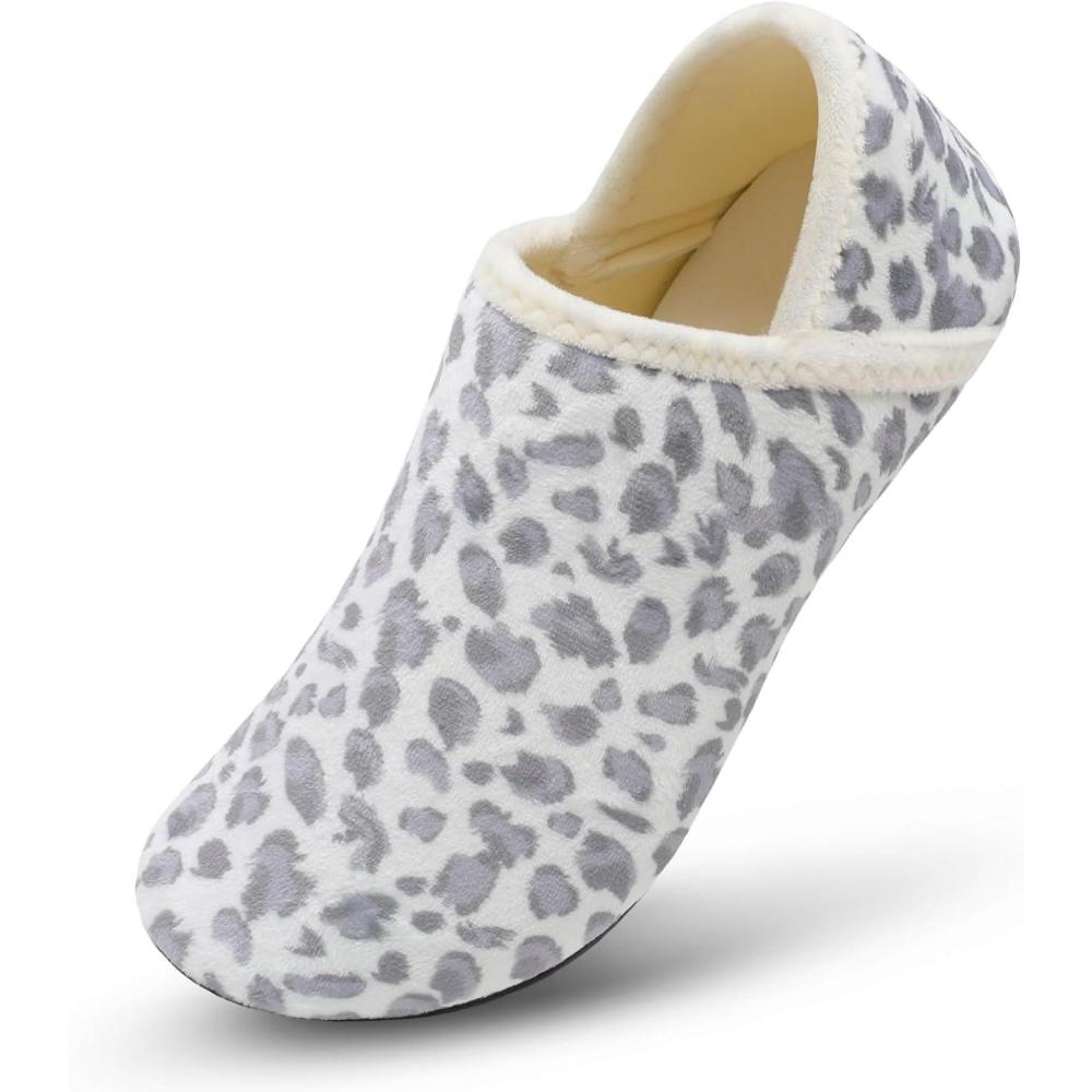 Scurtain House Slippers for Women Men Indoor Barefoot Slippers Socks Comfy Slip on House Shoes Cozy Furry Lightweight Non-Slip for Bedroom Travel Yoga(White Leopard)